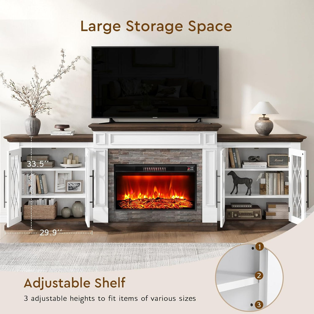 104 Inch Fireplace TV Stand for TVs up to 100 Inches, Entertainment Center with Storage and Mantel, Electric Fireplace Insert with 3D Flame Effect