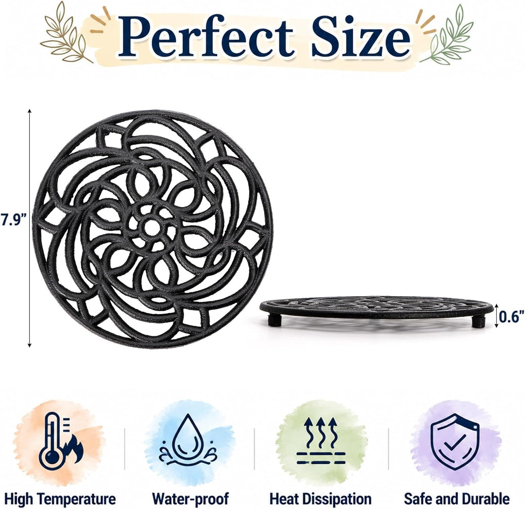 Cast Iron Trivets, 8 Inch Round Sunflower Hollow Out Heat Resistant Pot Holders, Rustproof Metal Hot Pads - Set of 2