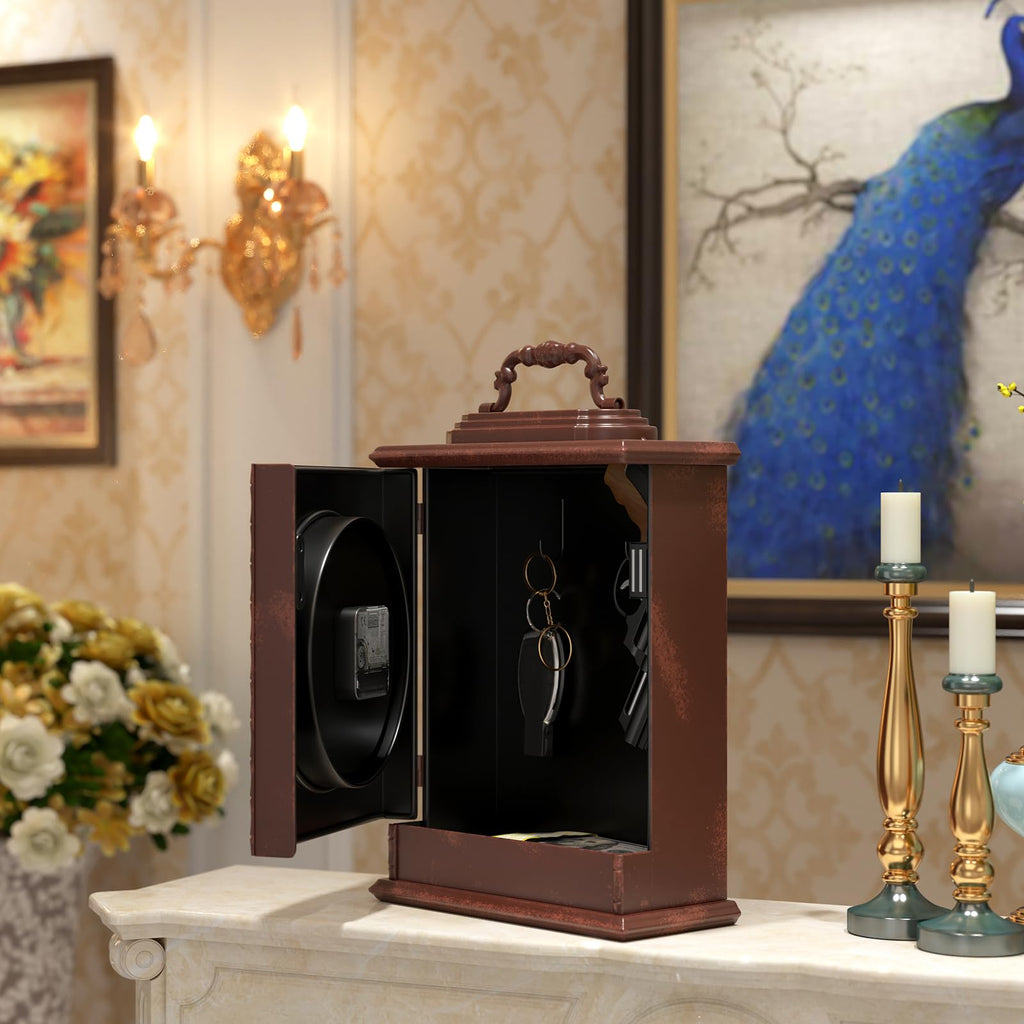 Vintage Mantel Clock with Hidden Safe, Antique Brown Style