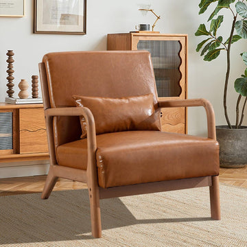 Mid Century Modern Accent Chair with Wood Frame, PU Leather Reading Armchair with Waist Cushion, Upholstered Living
