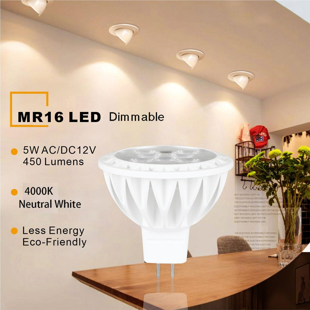 12V MR16 LED Bulbs 4000K Neutral White Dimmable 50W Halogen Replacement GU5.3 Base LED Light Bulbs for Recessed