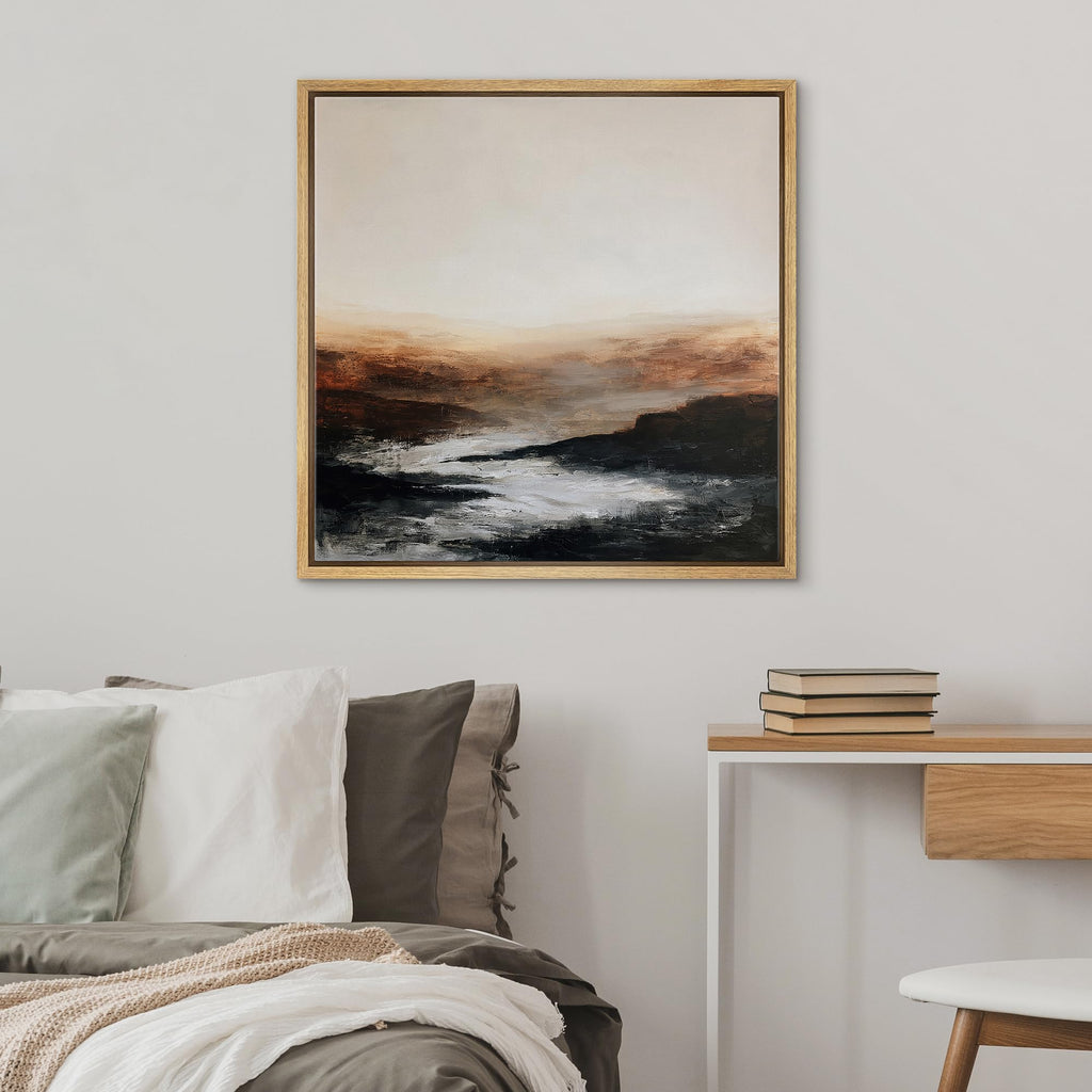 Framed Canvas Print Wall Art Moody Sunset Rocky Ocean Coast Illustrations Modern Art Decorative Relax - 24"x24"