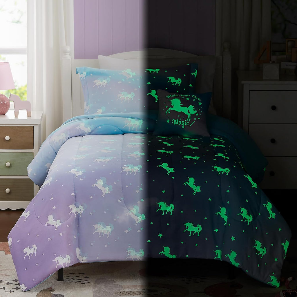 Kids Comforter Set Full for Girls, Glow in The Dark Unicorn Bedding Set 1 Comforter, 1 Decor Pillow, 2 Pillow Shams