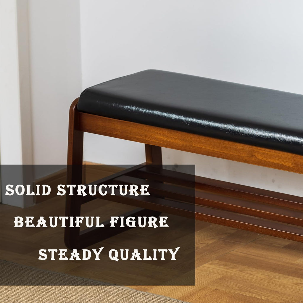 Solid Wood Bench, Entryway Shoe Bench with Cushion, 2 Tier Shoe Storage Organizer (Black, 39.70''L)