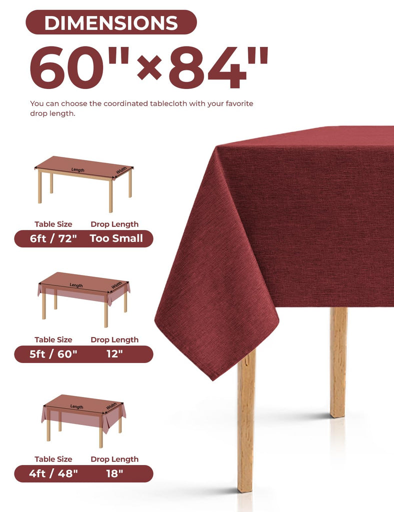Faux Linen Farmhouse Table Cloth 60"x84" for 4-6 ft Rectangle Table, Burgundy Waterproof Outdoor Washable Cloth