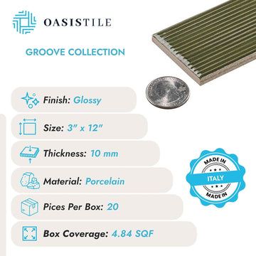 Oasis Tile Groove Bass Green | 3x12 Glossy Porcelain Tile | Sleek green glossy porcelain for backsplashes, showers