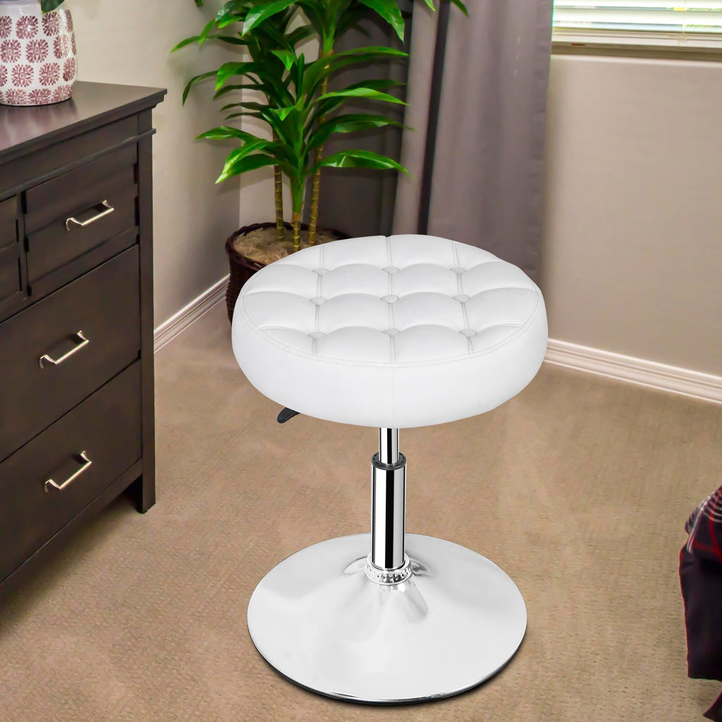 Upholstered Round Vanity Stool, Adjustable Height 360°Swivel Makeup Ottoman Stool with Plush Button-Tufted Cushion