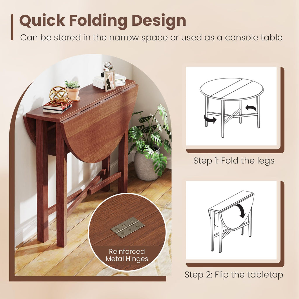 36" Folding Dining Table for 2-4, Round Drop Leaf Kitchen Table with Solid Wood Legs, Space Saving Extendable Table