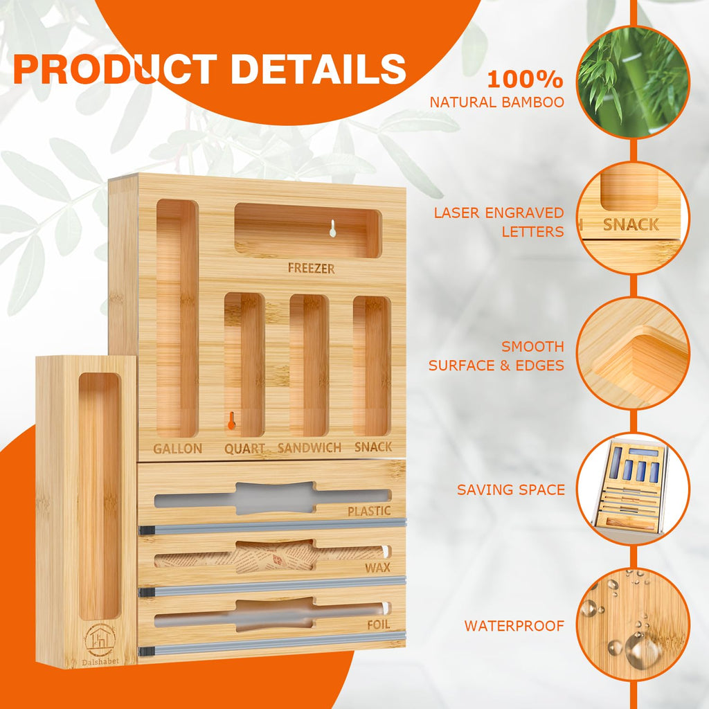 9-in-1 Bamboo Kitchen Drawer Organizer for Storage Bags and Wrap