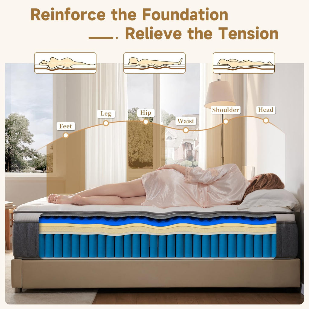King Size Mattress 14 Inch, Hybrid Mattresses in a Box, Medium Firm Individual Pocket Springs Fiberglass Free