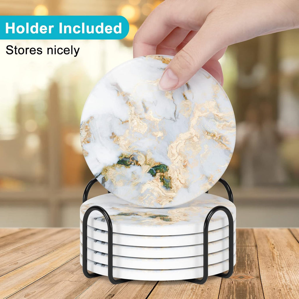 Coasters for Drinks Cute Absorbent Ceramic Drink Coasters for Cup with Holder and Cork Base, Kitchen Home - Set of 6