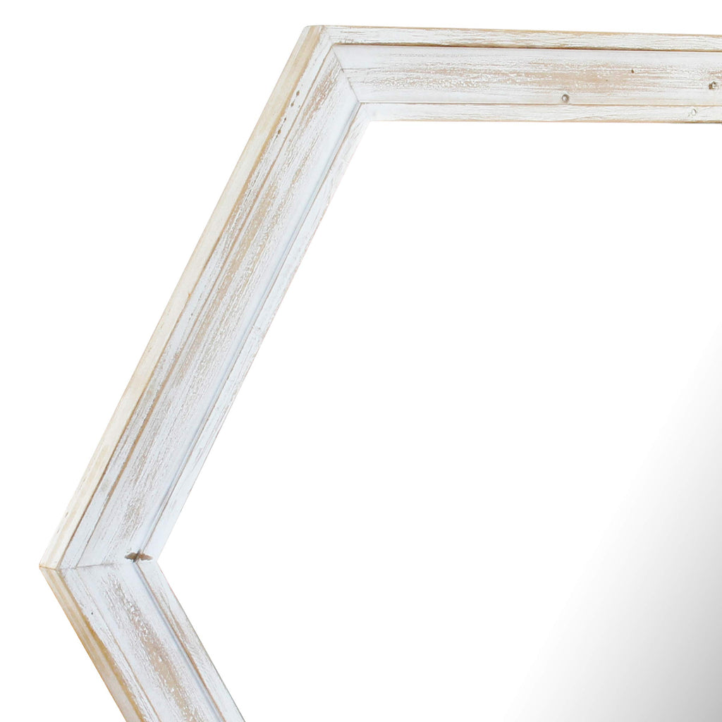 Decorative 24" Hexagon Wall Mirror with Worn White Wood Frame and Attached Hanging Bracket, Decorative Country Rustic