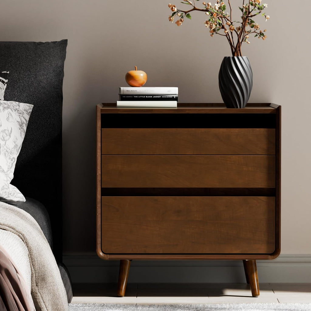 25.43" Walnut Finish Nightstand with Charging Station Mid Century Modern Night Stand with Leg Wood Bedside Table with