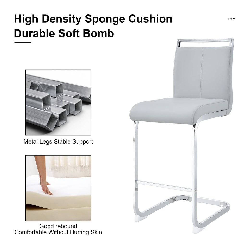 Bar Stools Set of 4, Counter Height Bar Stools with Backs, Grey Barstools with Chrome Plated Metal Leg, Upholstered
