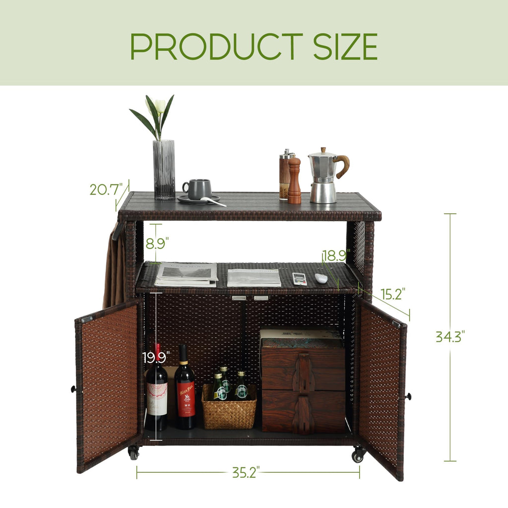 Wicker Outdoor Bar Cart - Brown Patio Console Table Wagon