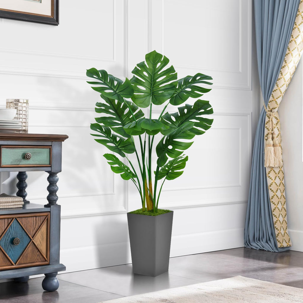 Artificial Monstera Deliciosa Plant 5FT - Faux Tropical Palm Tree with Gray Tall Planter - Fake Swiss Cheese Floor