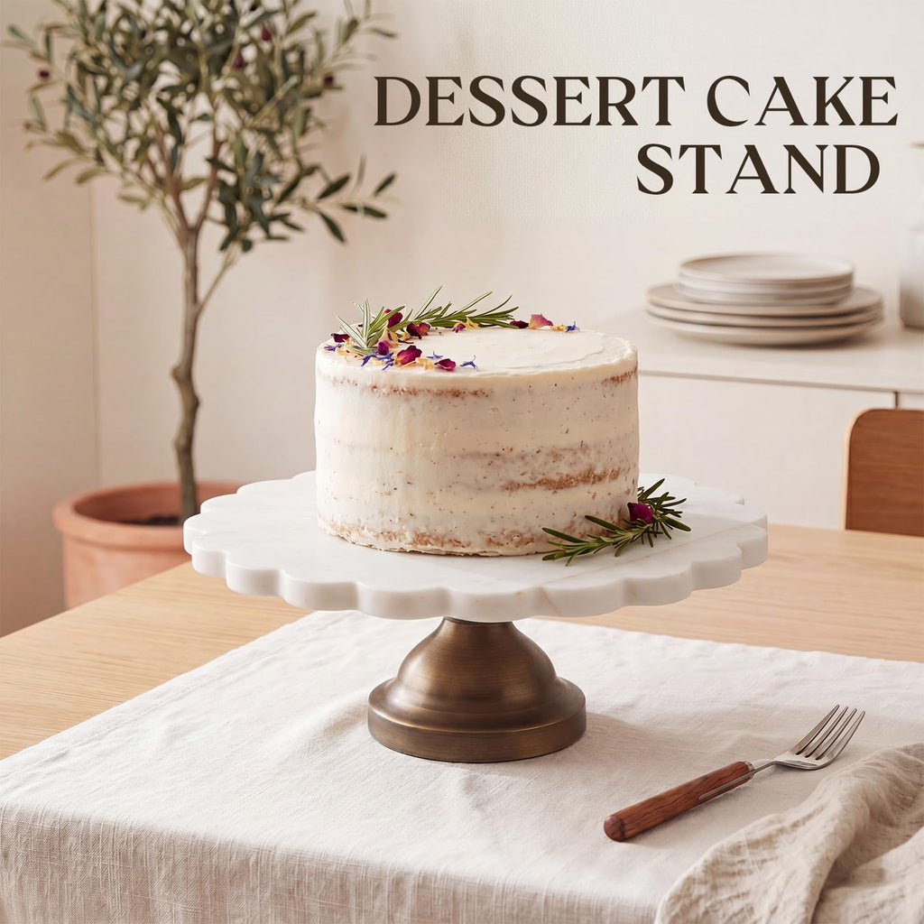 12" Marble Cake Stand, Scalloped Rim Dessert Platter, White