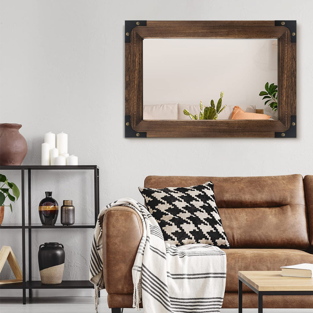 Rustic Bathroom Mirror 24x36 Inch Wood Frame Vanity Wall, Iron