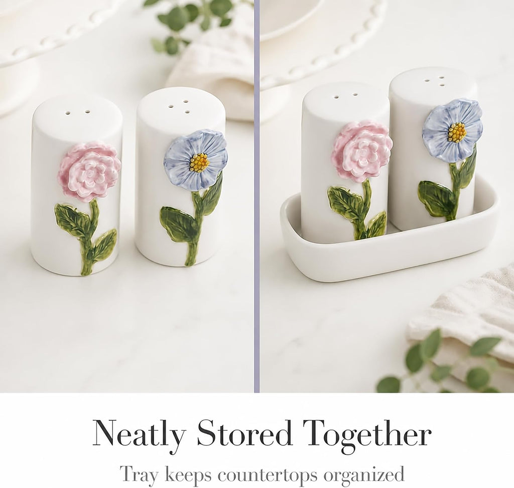 Stoneware Flower Salt And Pepper Shaker Set - Set of 3