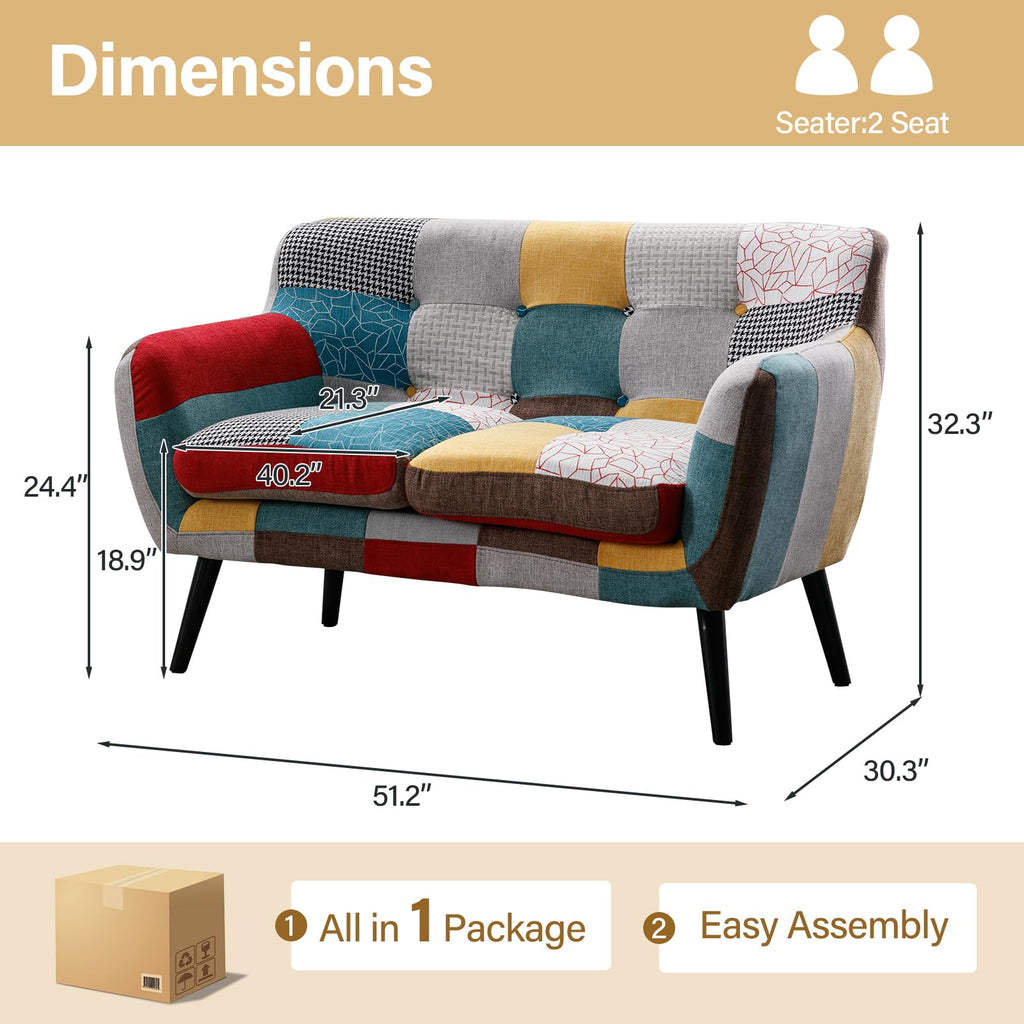 Modern Boho Loveseat Couch Sofa Chair Bedroom, Upholstered Colorful Plaid Fabric 2-Seat Love Seat Sofa with Wood Leg