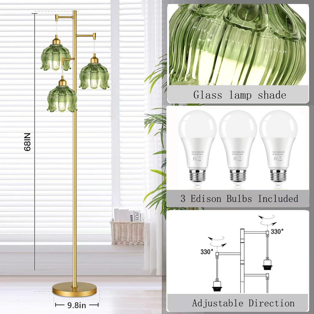 Vintage Floor Lamps Bedroom-3 Light Gold Floor Lamp with Glass Lampshape, Flower Green Tall Lamp Mid Century Modern