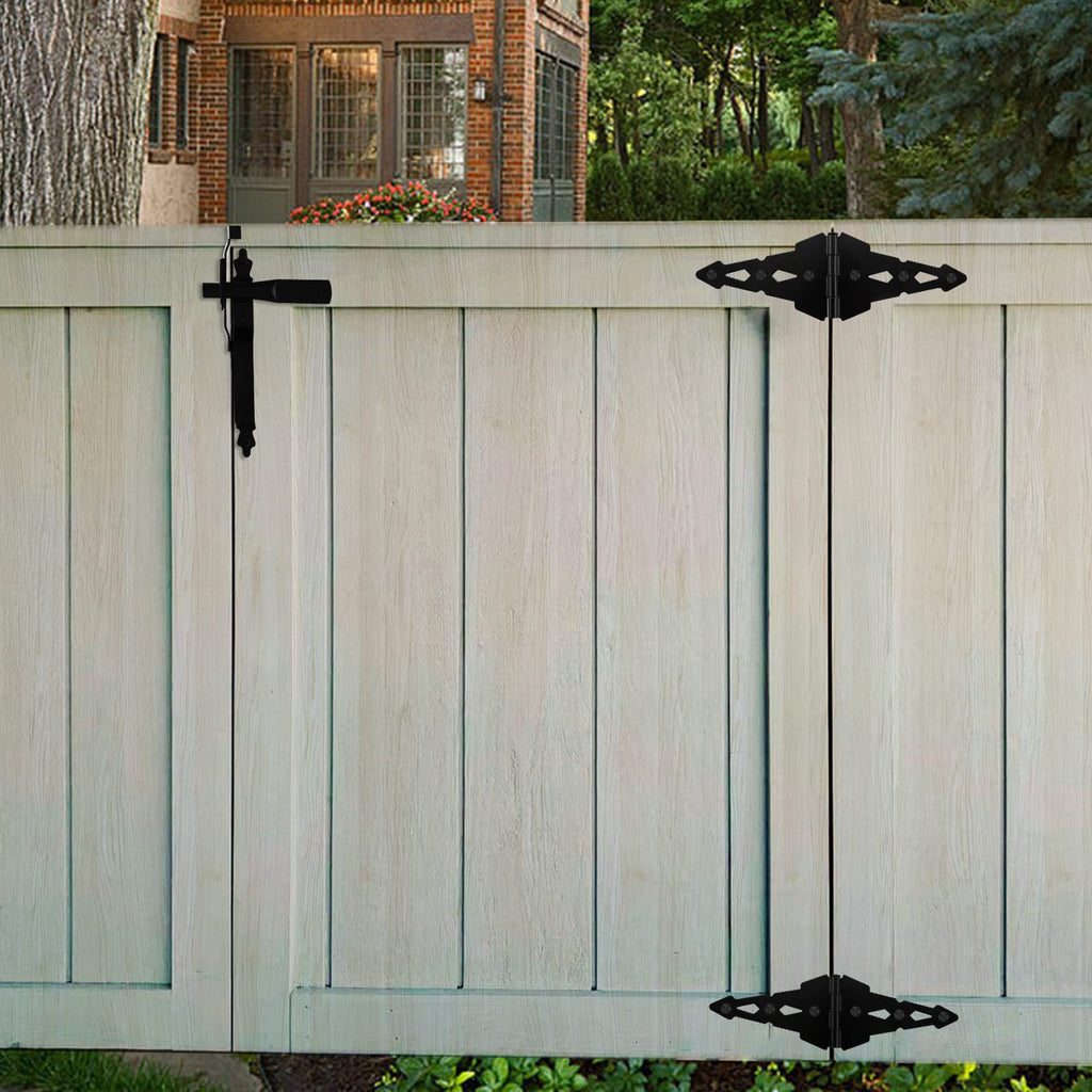 Fence Gate Hardware Kit, 8" Heavy Duty Strap Hinges and Spring Latch, Black