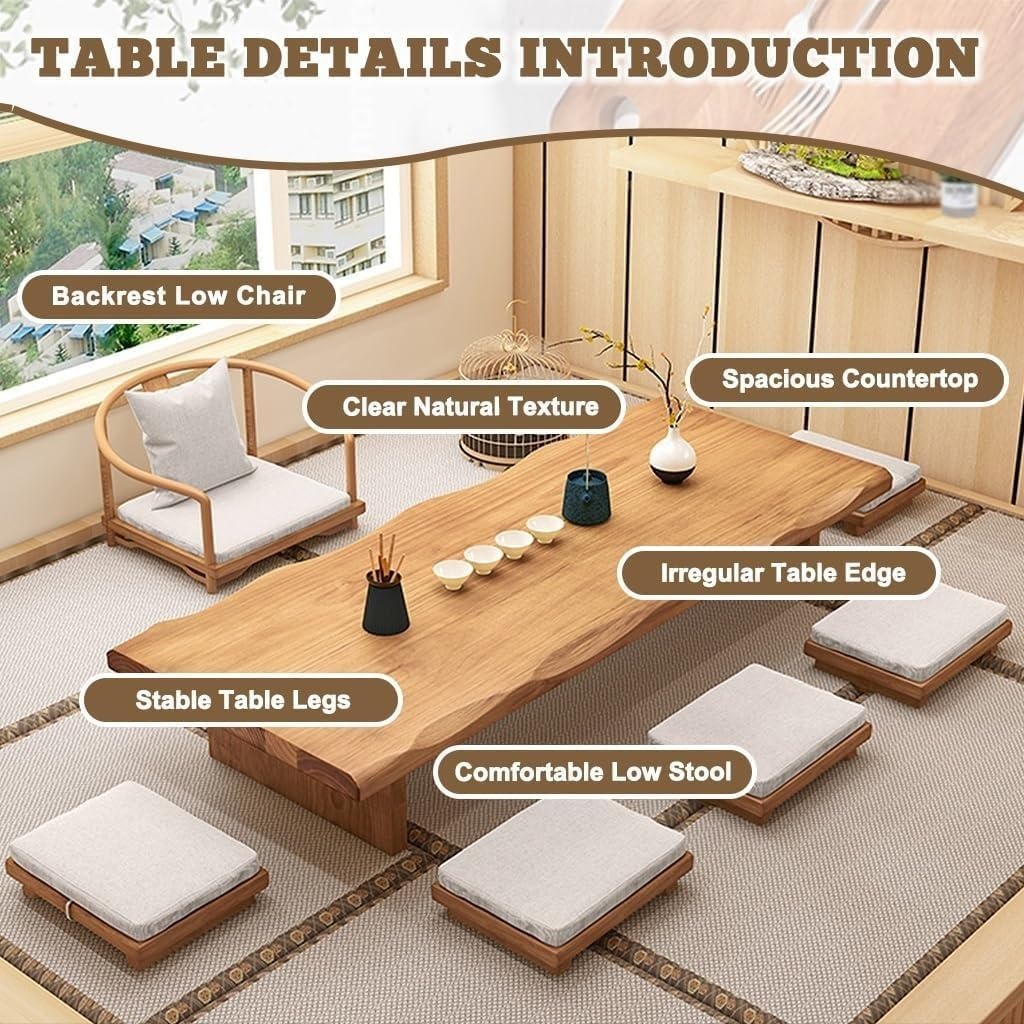 47" Solid Wood Japanese Floor Table, Low Dining Table for Floor Seating, Tatami Tea Table, Modern Chabudai Coffee