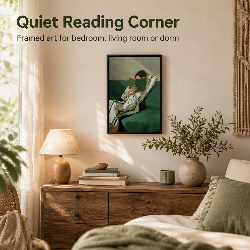 Framed Woman Reading Books Canvas Wall Art