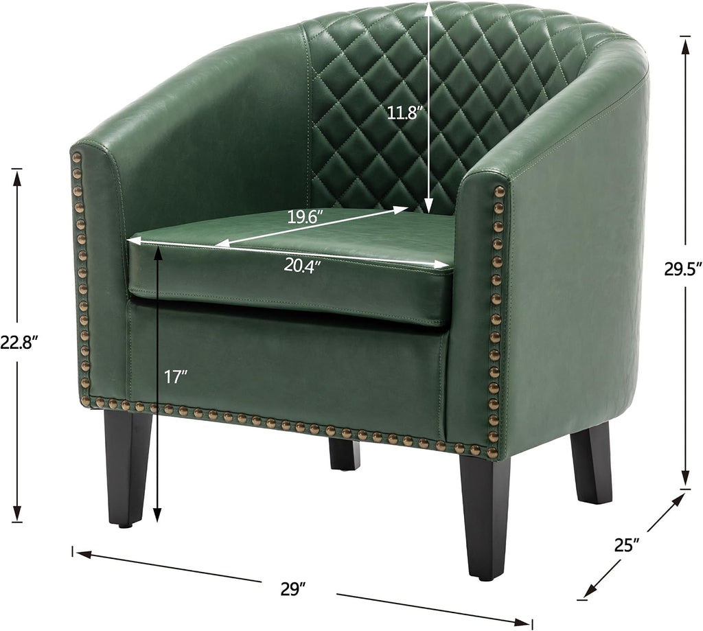 29" W Faux Leather Barrel Chair PU Tufted Accent Club Chair, Green