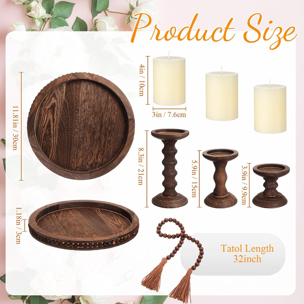 8 Pcs Farmhouse Wood Candle Holders with Pillar Candles Set Wooden Rustic Candle Holders Round Decorative Serving