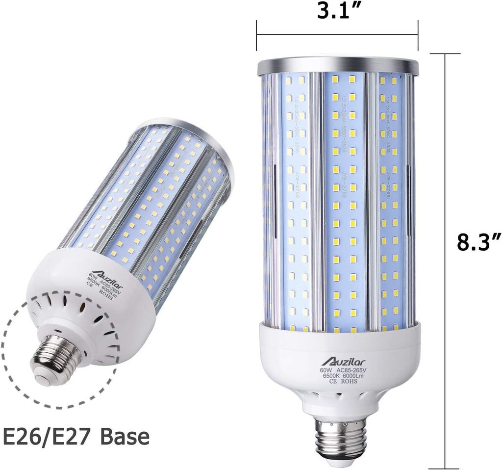 60W LED Corn Light Bulb for Indoor Large Area, E26 6000Lm 6500K Cool White,Super Bright Daylight LED Corn Bulb