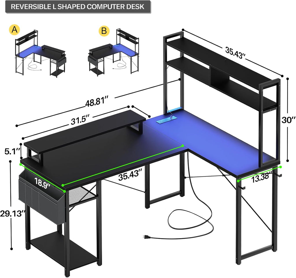 Small L Shaped Desk Gaming Desk with LED Lights & Power Outlets | Reversible L-Shaped Computer Desk with Monitor