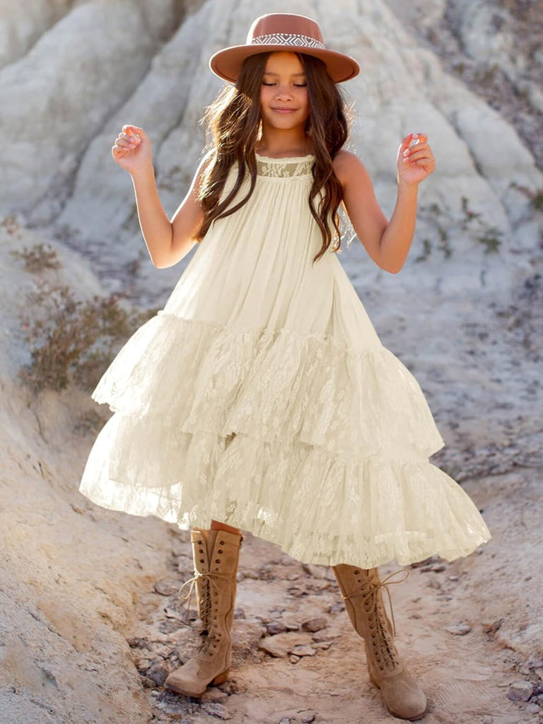 Girls Lace Tulle Dress Halter Boho Flower Girl Ruffle Party Dress
