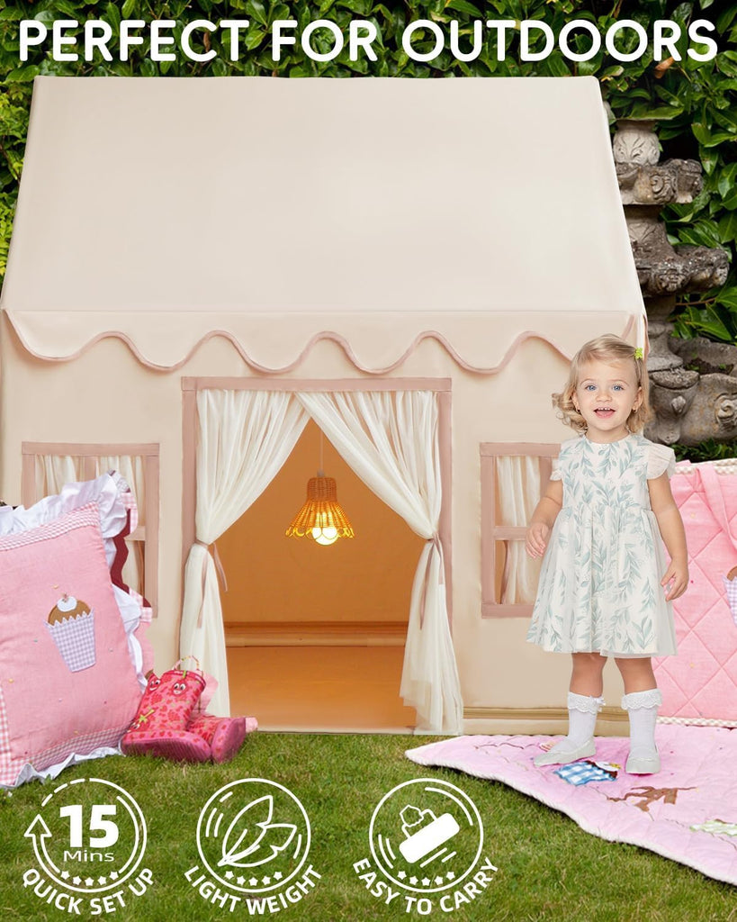 Large Kids Tent Playhouse Base Fabric with Star Lights, Flags and Tote Bags, Kids Play Tent Indoor & Outdoor