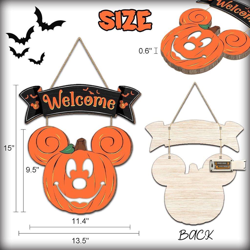 Halloween Mouse Pumpkin Wreath with Light for Porch Door Sign Decorations