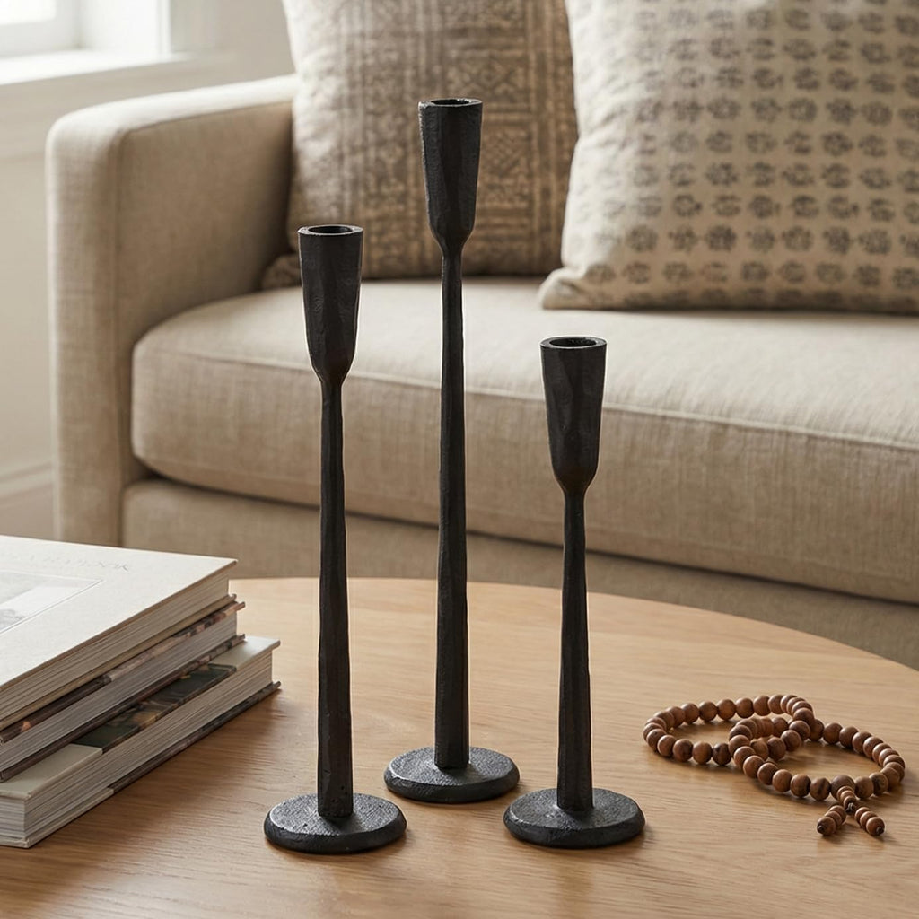 Black Iron Taper Candle Holder Set of 3, Heavy Wrought Iron Candlestick Holders Decorative Candle Stand, Vintage