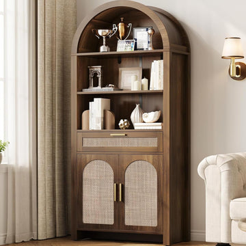 71.3" Tall Arched Bookshelf with Doors - 5 Tier Rattan Arched Bookcase