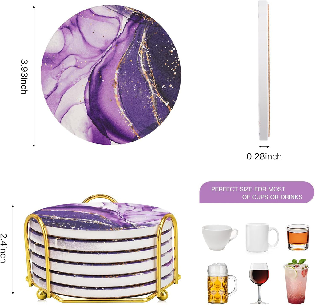 Purple Agate Coasters for drinks with Gold Holder,Absorbent Marble Coasters Set with Cork Base for Tabletop - Set of 7