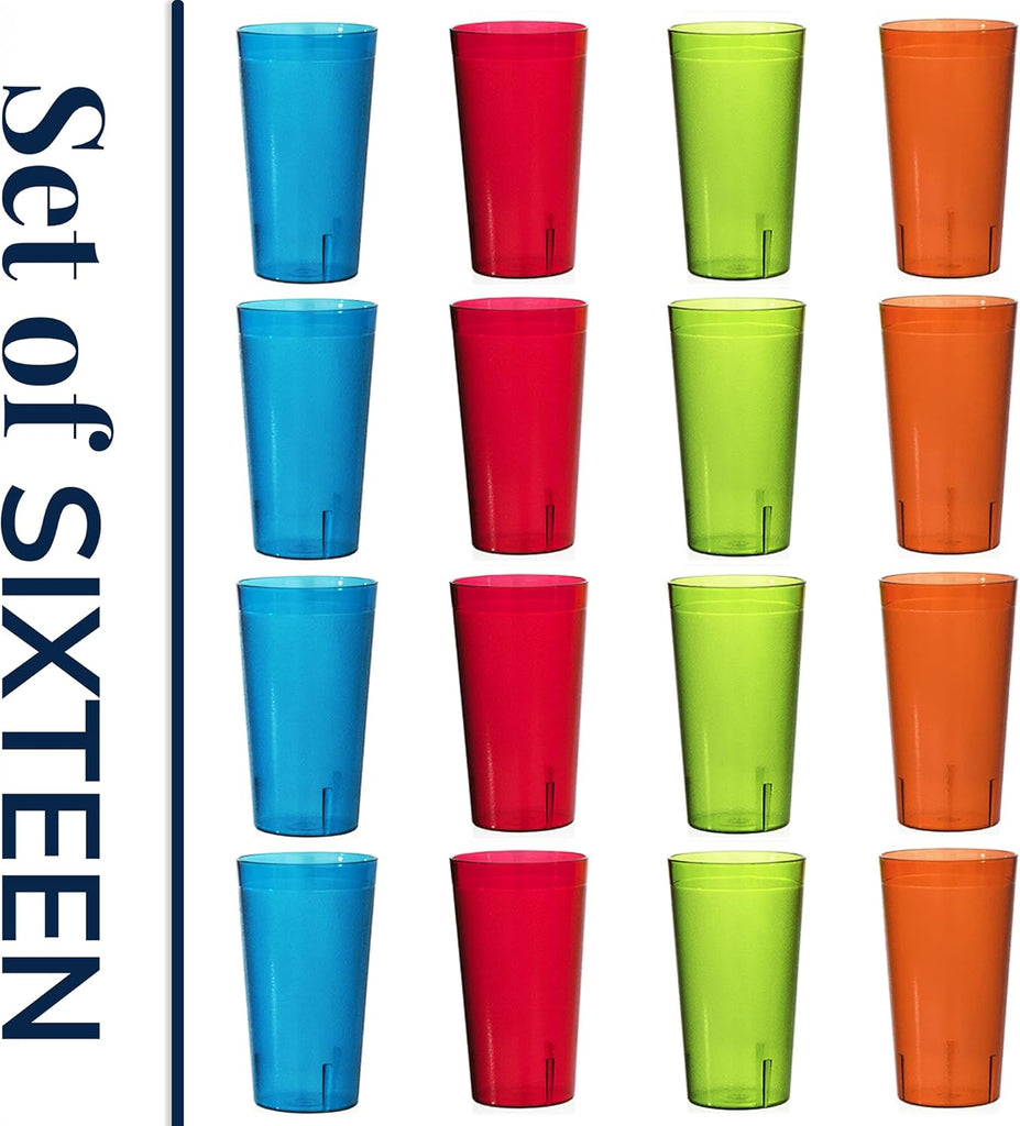 Cafe Plastic Reusable Tumblers (Set of 16) 20-ounce Water Cups Assorted Colors | Restaurant Style Drinking Glasses