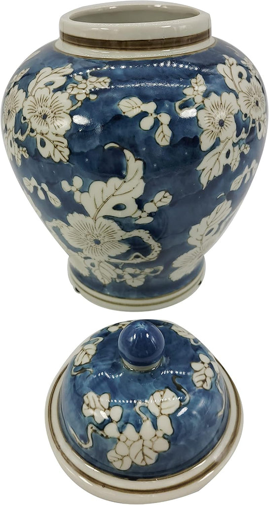 Blue and White Flower Chinoiserie Ginger Jar 12" w/Lid Ginger Jar, Tea Storage Decorative Home Decor Jar