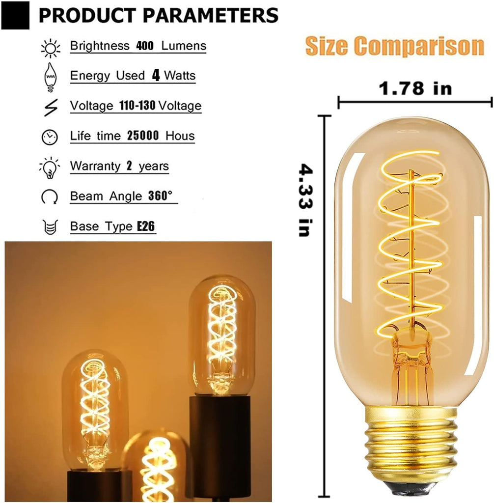 Vintage LED Spiral Filament Bulb T14, E26 Base, 4W Equivalent, 40W Warm White, 2200K, Dimmable, AC120V, 400LM, Amber