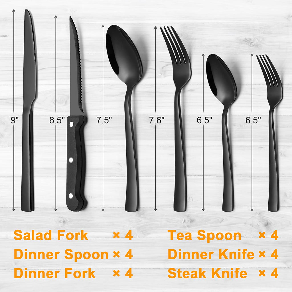 24 Piece Silverware Set for 4 With Steak Knives, Stainless Steel Black Flatware, Utensils, Tableware Cutlery , Hand
