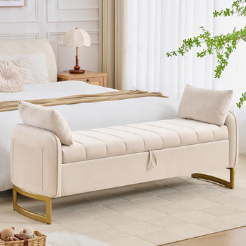 66" End of Bed Storage Bench King Size, Storage Benches , Beige | Velvet Foot of Bed Bech, Upholstered Storage