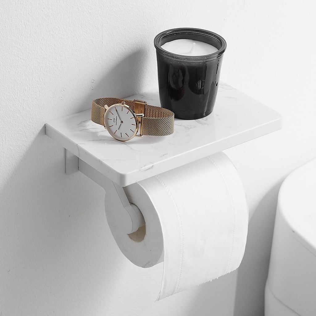 Toilet Paper Holder with Marble Shelf, Wall Mount White