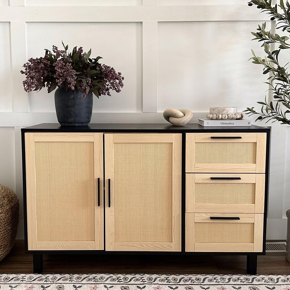 Black Rattan Cabinet with Doors, Buffet Sideboard Cabinet with Drawers, 2 Door Storage Cabinets