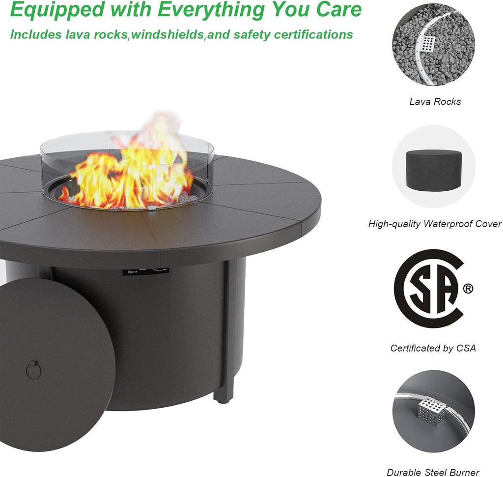 48" Round Propane Fire Pit,Steel Tabletop Fire Pit w Lava Rocks,55000 BTU Auto-Ignition CSA Certified Gas Fire Pits