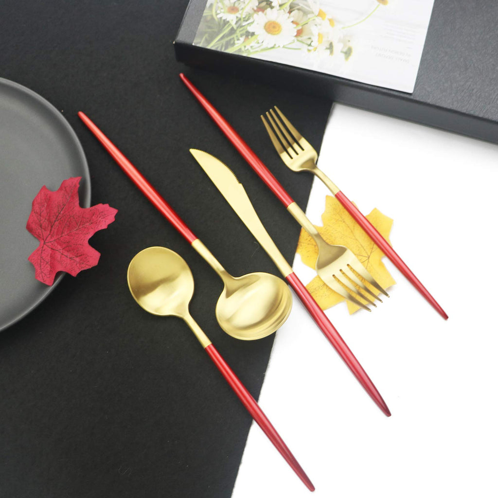Luxury 18/10 Red Handle Flatware Gold Silverware Set 304 Stainless Steel Flatware Cutlery Set| 5-Piece Adaline Royal
