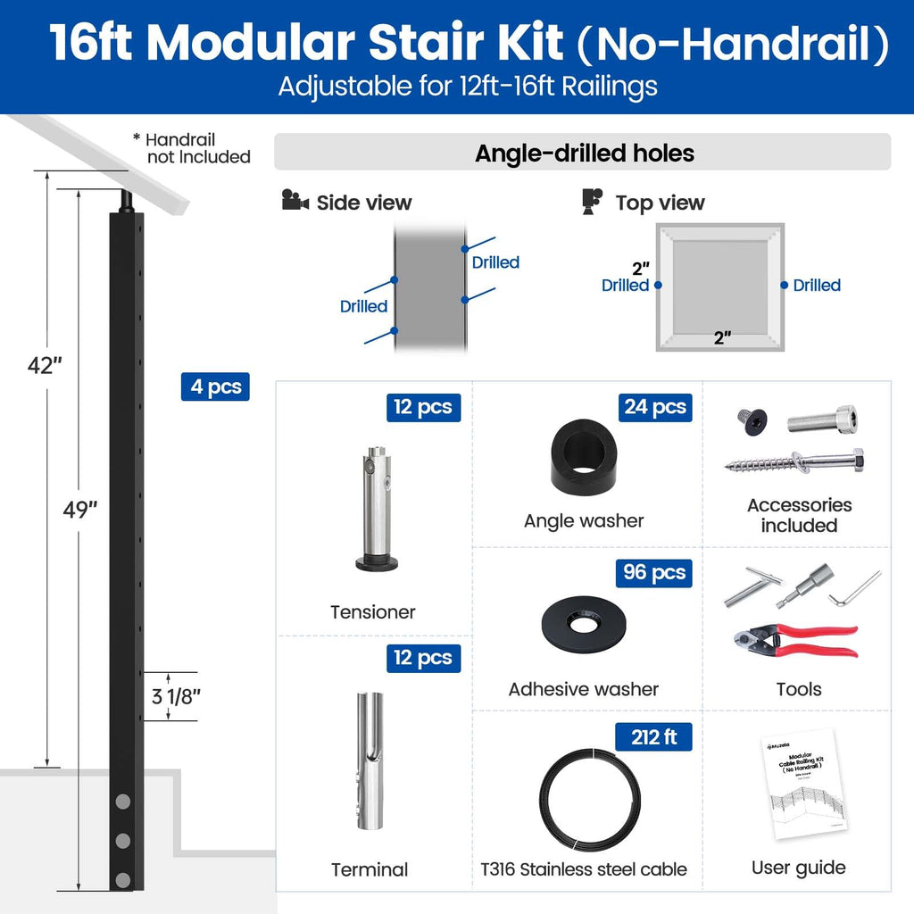 12-16ft Side Mount Modular Cable Railing Kit for Stairs 42 Inch RW31