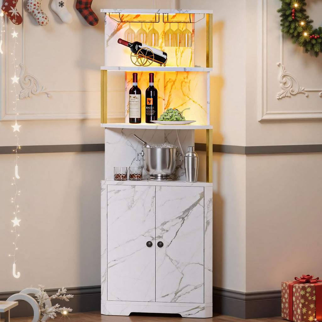 71'' Corner Bar Cabinet with LED Lights, 5-Tier Wine Rack with Power Outlets, Glass Holder and Door, Liquor Cabinet