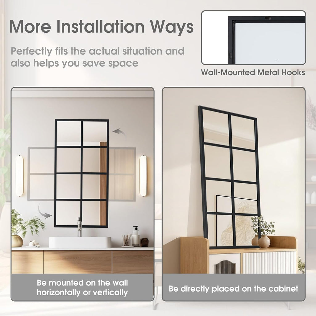 Wall Mirror 16" x 32", Set of 2 Rectangle Window Pane Decorative Mirrors, Metal Framed Wall Mounted Mirror